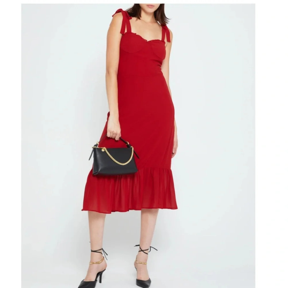Alice + Olivia O.P.T. Corset Smocked Ruffle Red Midi Dress Medium New Cocktail - Picture 9 of 14
